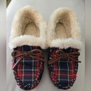 J. Crew slippers, size 5. Like new condition. Red plaid.